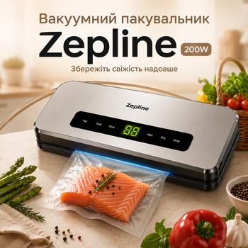 Вакуумный упаковщик Zepline 200W для герметичного хранения продуктов, бытовой вакууматор с электронным управлением, вакуумированием контейнеров и функцией запайки, для сухих, влажных и сыпучих продуктов, ширина пакета до 300 мм, 20 пакетов