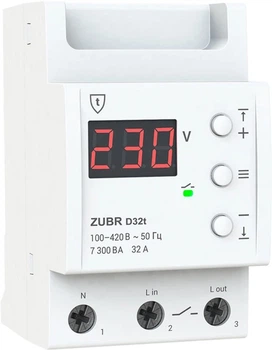 Реле напруги ZUBR D32t, 1ф, 32А, 1н.о, вольтметр, мін. напр., макс. напр, термозахист (ZUBR D32t)