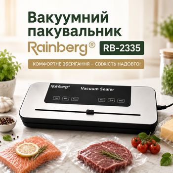 Вакуумный упаковщик Rainberg RB-2335 для герметичного хранения продуктов, вакууматор с функцией запайки, для мяса, рыбы, овощей, фруктов, сыра, колбас, полуфабрикатов, готовых блюд, ширина шва до 30 см, мощность 90–120 Вт, черный