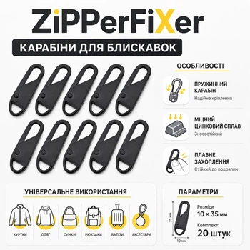 Карабины для молний ZiPPerFiXer, черные, набор из 20 штук