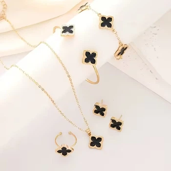 Набір біжутерії жіночих прикрас 6 в 1 Clover Floral (кольє, браслет, жорсткий бенгл, сережки, 2 каблучки) колір золотистий з чорною конюшиною