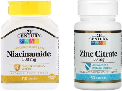Набор 21st Century Витамин B3 (ниацинамид) Niacinamide 500 мг 110 таблеток + Цитрат цинка Zinc Citrate 50 мг 60 таблеток (740985225509/740985280263)