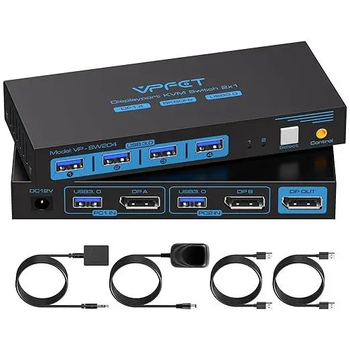 KVM-перемикач VPFET 2x1 Displayport 8K USB 3.0 для 2 ПК 1 монітор 4 USB пристрою чорний