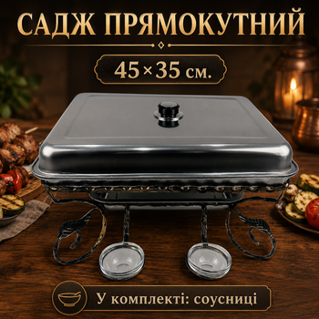 Садж прямокутний для подачі та підігріву шашлику 45х35 см з соусницями і кришкою