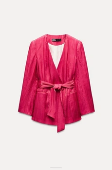 Піджак без коміра з фактурної жатої тканини з поясом кольору фуксія Zara розмір L