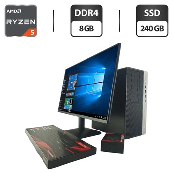 Комплект ПК: комп'ютер HP EliteDesk 705 G4 Tower / AMD Ryzen 5 Pro 2400G (4 (8) ядра по 3.6 - 3.9 GHz) / 8 GB DDR4 / 240 GB SSD / AMD Radeon RX Vega 11 Graphics + Новий монітор AOC 24 (1920x1080) IPS / Кабелі б/в + Подарунок Клавіатура + мишка