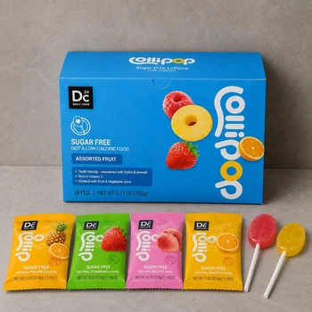 Льодяники на паличці DC24 Lollipop без цукру з ксилітом, полуниця, персик, ананас, апельсин, 24 шт