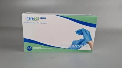 Перчатки одноразовые виниловые синие CARE 365, размер M, 100 шт, неопудренные, для осмотра, клининга и сервиса
