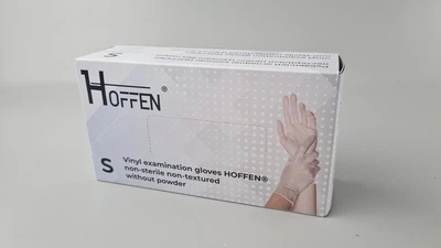 Перчатки одноразовые виниловые прозрачные HOFFEN, размер S, 100 шт, неопудренные, для осмотра, клининга и сервиса