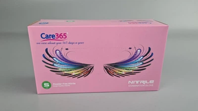 Рукавички одноразові нітрилові рожеві CARE 365, розмір S, 100 шт, неопудрені, для огляду, клінінгу та сервісу