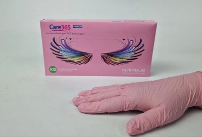 Рукавички одноразові нітрилові рожеві CARE 365, розмір XS, 100 шт, неопудрені, для огляду, клінінгу та сервісу