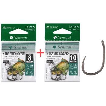 Набір гачків Mikado Sensual X-Tra Strong Carp No8 та No10 (вушко) 2x10шт. (black matt)