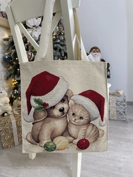 Сумка гобеленовая FUSKAS-SM 37x40 см 49% хлопок бежевый прямоугольная новогодняя золотой люрекс