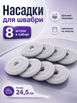 Насадки на швабру мопы на липучке из микрофибры UnA набор запасных насадок 8 шт 24.5х24.5 см сменная тряпка для швабры с отжимом серый (317.0081)