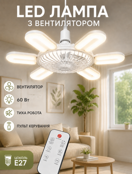 Складная потолочная LED-лампа с вентилятором для освещения и вентиляции помещений 60 Вт E27 холодный белый