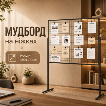 Мудборд чорний дошка бажань на ніжках 150×100 см 5 фотокарток 20 прищіпок 2 чеклиста металевий органайзер сітка для фото