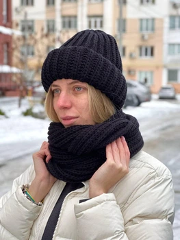 Хомут восьмерка крупная вязкая одинарная с 2 отворотом One Size Черный (Хомут Джинжер)