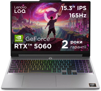 Ноутбук Lenovo LOQ 15AHP11 (83TN0041RA) Luna Grey / 15.3" IPS WUXGA 165 Гц / AMD Ryzen 7 250 / RAM 16 ГБ / SSD 1 ТБ / RTX 5060, 8 ГБ / LAN