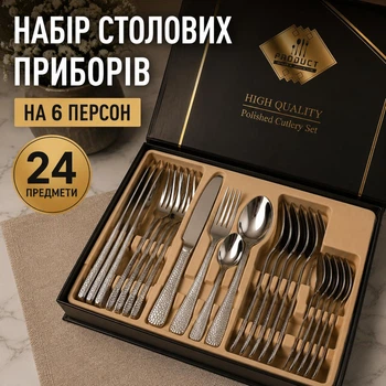 Набір столових приборів на 6 персон кухонні прилади ложки виделки і ножі 24 предмети столові прибори на подарунок в коробці Срібло з золотом