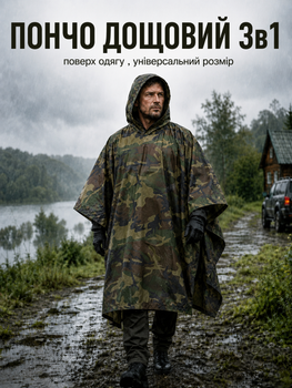 Дощовик-пончо 3в1 Woodland тактичний плащ-намет від дощу, накидка камуфляжна, тент військовий, туристичний універсальний