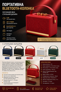 Портативная Bluetooth колонка 5 Вт с FM-радио, USB, microSD, TWS, Bluetooth 5.1, аккумулятор 1200 мАч, ретро-дизайн Красный (MX-00009901W)