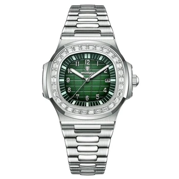 Мужские кварцевые часы Poedagar Crystal Green серебристые с металлическим браслетом.