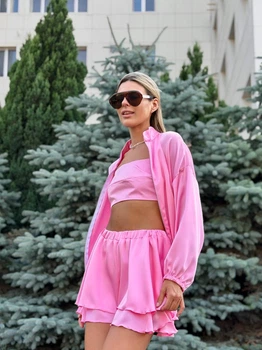 Жіночий шовковий костюм (бомбер+топ+шорти) Uaclothes 42-44 Рожевий (like38872-193081349)