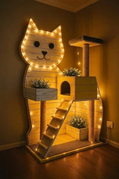 Деревянный игровой комплекс для кошек "Кот" с домиком, когтеточками, полками и LED-подсветкой