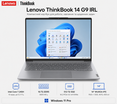 Ноутбук 14" Lenovo ThinkBook 14 G9 IRL Intel Core 7 240H 16GB 512GB SSD Intel Graphics W11 Pro Arctic Gray (21UY0017RA)
