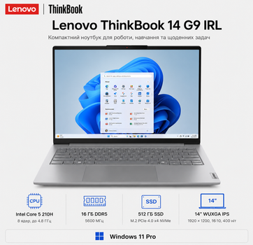 Ноутбук 14" Lenovo ThinkBook 14 G9 IRL Intel Core 5 210H 16GB 512GB SSD Intel Graphics W11 Pro Arctic Gray (21UY000RRA)