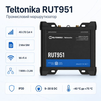Промисловий стільниковий маршрутизатор Teltonika RUT951 з 4G LTE Wi-Fi 4 Чорний
