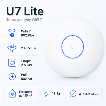 Точка доступа Ubiquiti UniFi U7 Lite Wi-Fi 7 PoE 2.4 GHz 5 GHz Белый