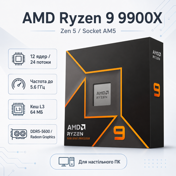 Процессор AMD Ryzen 9 9900X 12C/24T 4.4-5.6GHz 64MB 120W AM5 Box (100-100000662WOF)