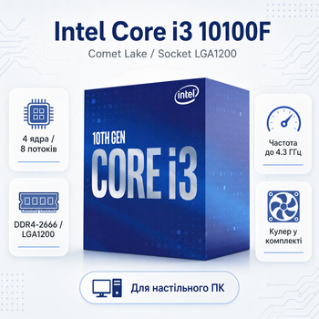 Процессор Intel Core i3 10100F 4C/8T 3.6-4.3GHz 6MB LGA1200 Box (BX8070110100F)