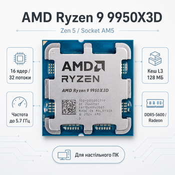 Процесор AMD Ryzen 9 9950X3D 16C/32T 4.3-5.7GHz 128MB 170W AM5 Tray (100-000000719)