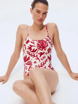 Купальник слитный женский H&M 271295096 XL Белый/Красный (2727000143589)