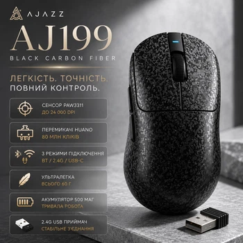 Беспроводная игровая мышь Ajazz AJ199 Black Carbon Fiber 24000 DPI Bluetooth/2.4G/USB-C PAW3311