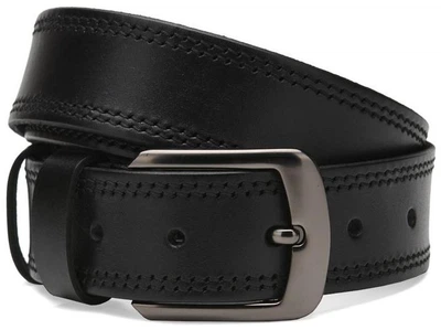 Черный мужской кожаный ремень под брюки и джинсы Borsa Leather натуральная кожа классическая металлическая пряжка 54010