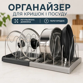 Раздвижной органайзер для крышек, кастрюль и сковородок — подставка для хранения посуды в шкафу, 7 перегородок