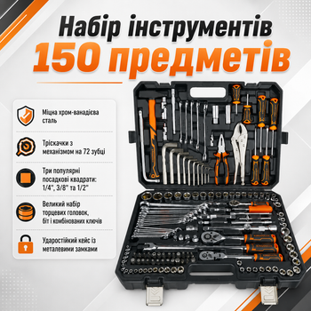 Универсальный набор слесарного инструмента для СТО и дома 150 предметов Большой набор ключей для гаража с трещотками в кейсе