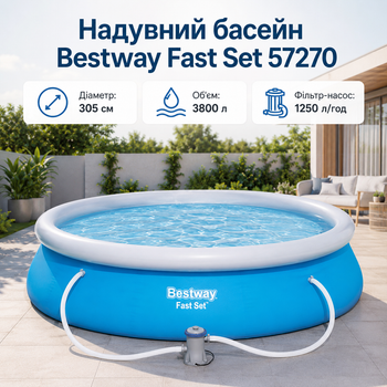 Надувний басейн Bestway Fast Set 305×76 см 3800 л круглий збірний басейн із картриджним фільтр-насосом 1250 л/год для двору, дачі