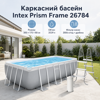 Каркасный бассейн Intex Prism Frame 300×175×80 см 3539 л прямоугольный сборный бассейн с картриджным фильтр-насосом 2006 л/ч