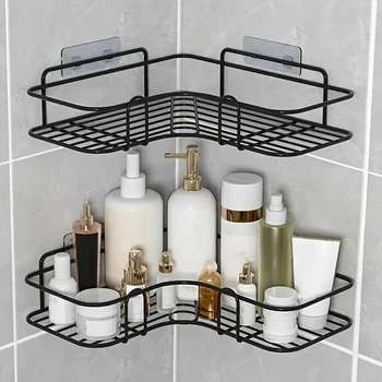 Угловая полка органайзер для ванной Storage Rack AND-054, комплект 2 шт, металлическая без сверления на липучках, черная