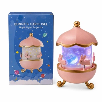 Детский ночник-проектор Bunny’s Carousel с Bluetooth, музыкой, пультом ДУ и сменными проекционными плёнками, Розовый