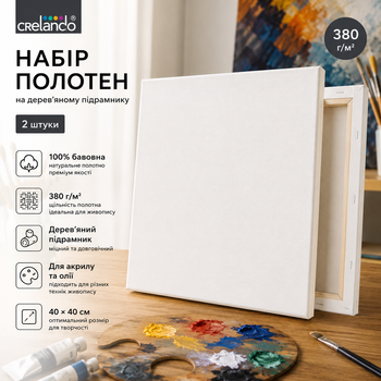 Набор холстов Crelando 40×40 см 2 шт, 100% хлопок 380 г/м², на деревянном подрамнике для акрила и масла