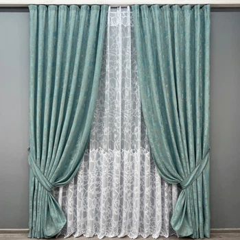 Комплект штор VR-Textil Жаккард Мармур 100х270 2шт и Тюль 300х270 1292ш-1529т Бирюзовый с белым 71-185/1