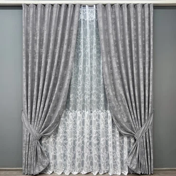 Комплект штор VR-Textil Жаккард Мрамор 100х270 2шт и Тюль 400х270 1668ш-1529т Серый с белым 71-183/2