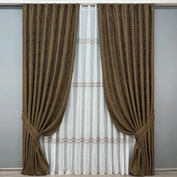 Комплект штор VR-Textil Лен Мрамор 200х270 2шт и Тюль 500х270 1261ш-1429т Коричневый с белым 71-176/6