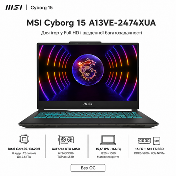 Ноутбук игровой 15.6" MSI Cyborg 15 A13VE-2474XUA Intel Core i5-13420H 16GB 512GB SSD RTX 4050 DOS Translucent Black (9S7-15K112-2474)