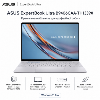 Ноутбук 14" Asus ExpertBook Ultra B9406CAA-TH1339X Intel Core Ultra 7 356H 32GB 1TB SSD Intel Graphics W11 Pro Morn Grey (90NX09J1-M01JC0)